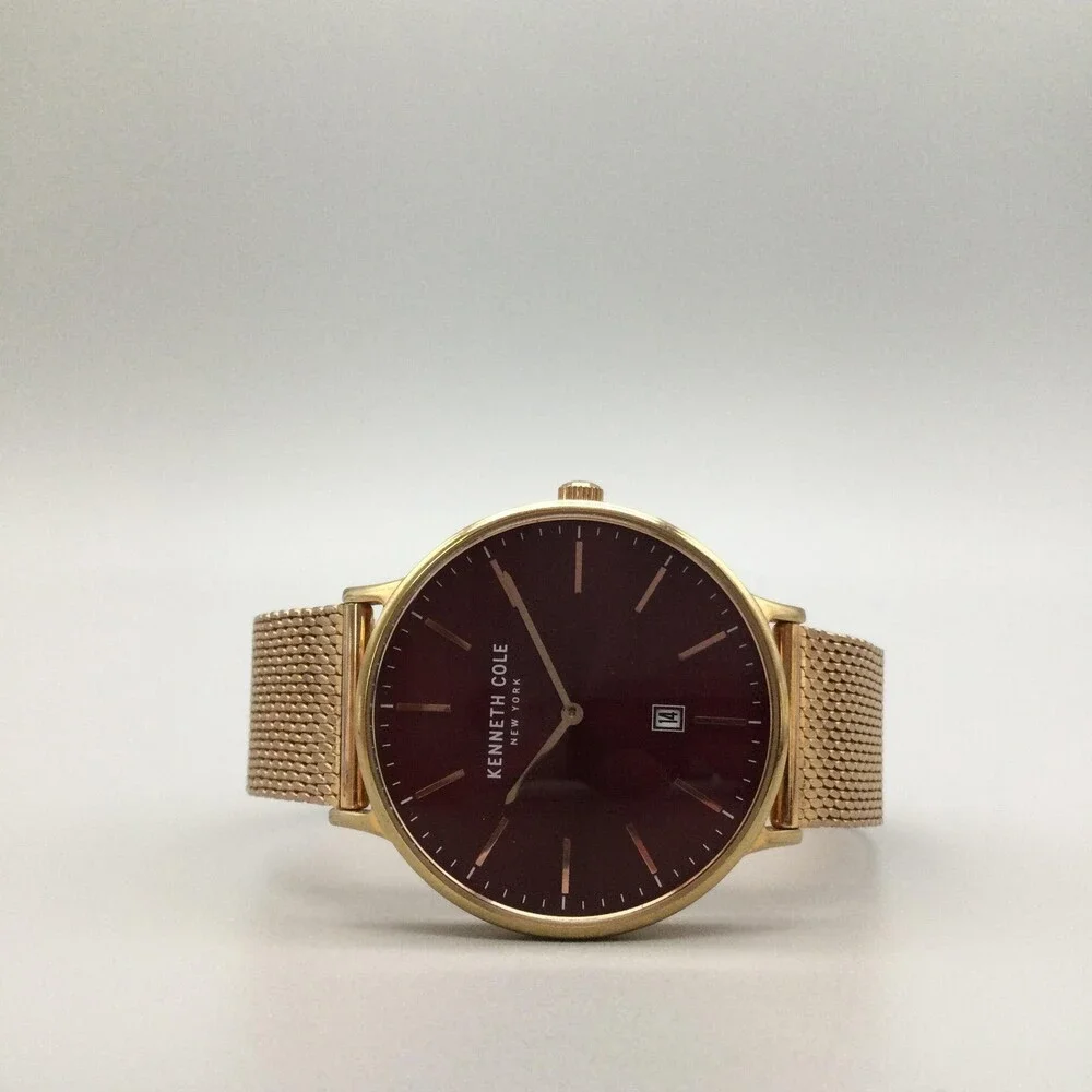 Kenneth Cole Mens Watch 41mm Red Dial Gold Tone Mesh Stainless Date New Battery